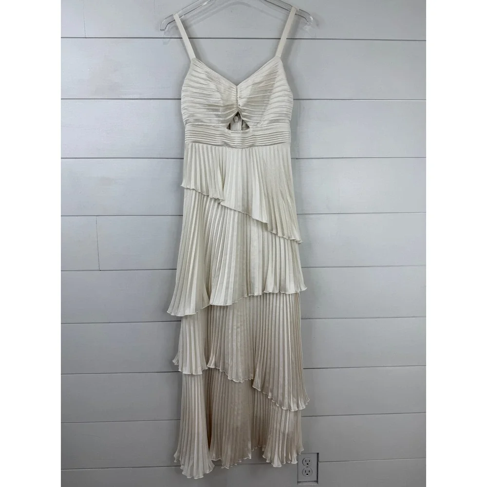 Abercrombie & Fitch GISELLE Pleated Tiered Dress Women XS Cream Satin Cutout